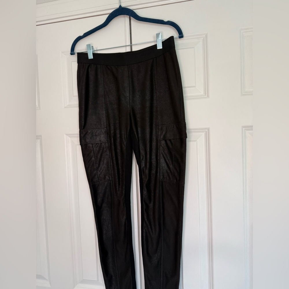 BCBG Max Azria Black Faux Leather Cargo Pants. Slim Leg Stretch size Small